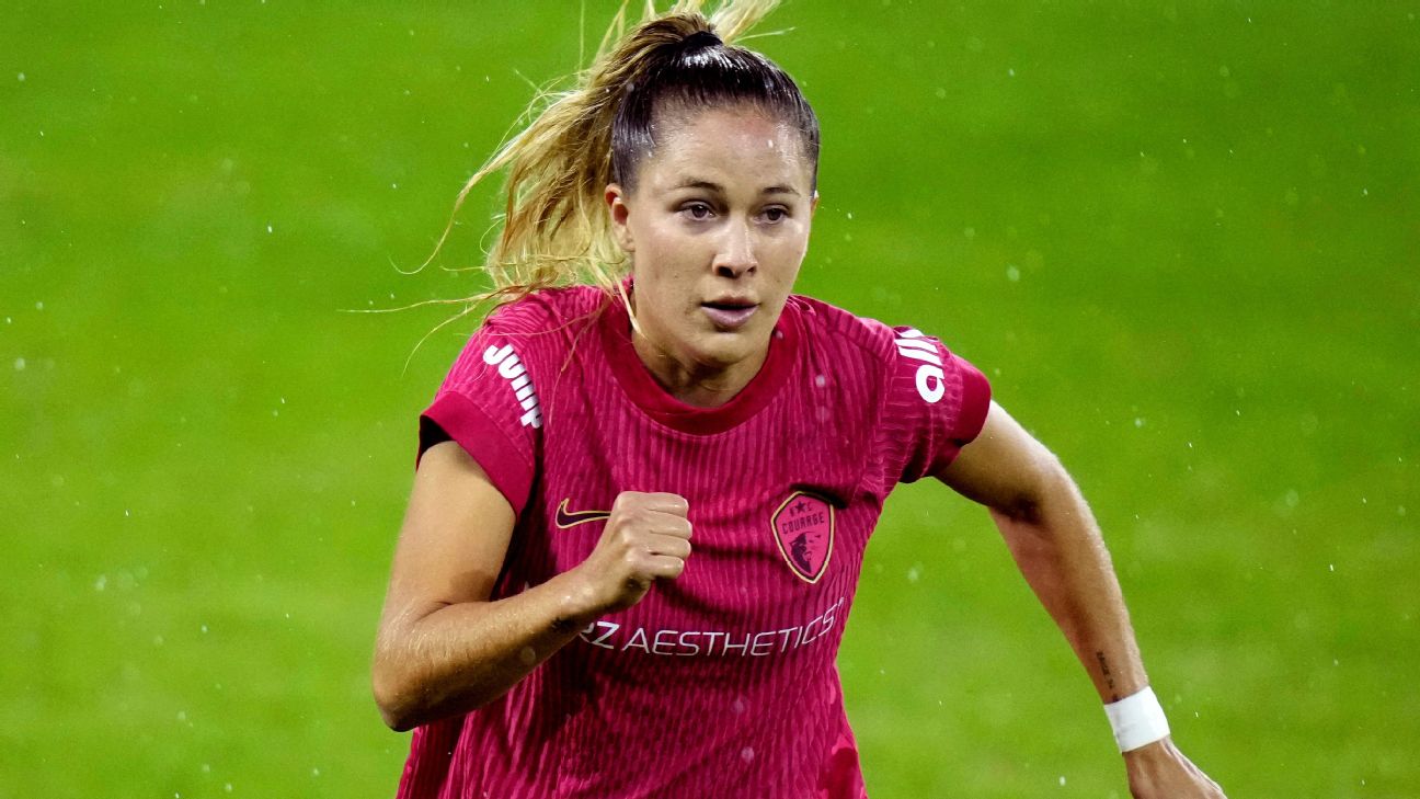 Ashley Sanchez ฉลองประตูให้ North Carolina Courage ในเกมพบ Angel City FC